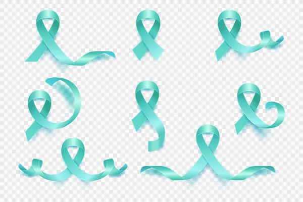 Ensemble Ruban Sarcelle Réaliste Vectoriel Symbole Sensibilisation Cancer Ovaire Gros — Image vectorielle