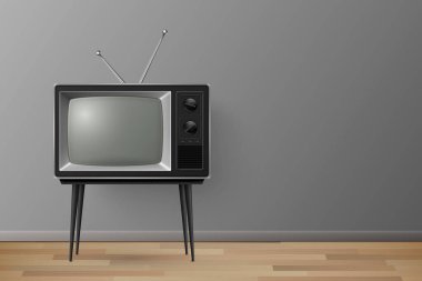 Vector 3d Gerçekçi Retro TV Alıcısı Tahta Masa standında. Ev Tasarımı Konsepti. Tahta Döşeme 'deki klasik TV seti. Televizyon, Ön Görünüm.