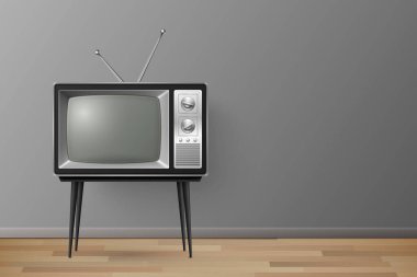 Vector 3d Gerçekçi Retro TV Alıcısı Tahta Masa standında. Ev Tasarımı Konsepti. Tahta Döşeme 'deki klasik TV seti. Televizyon, Ön Görünüm.