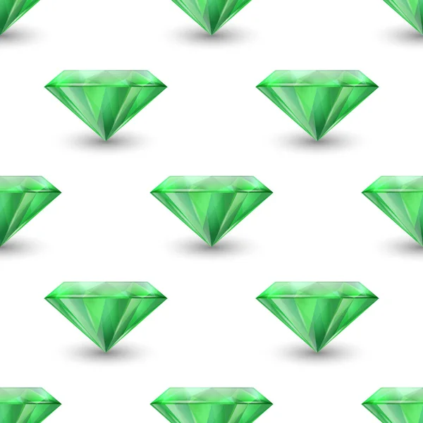 矢量无缝隙图案与3D现实的绿色宝石 白色背景的莱茵石 Jewerly概念 设计模板 莱茵石或宝石 顶视图 — 图库矢量图片