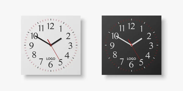 Vector Realistic White Black Square Wall Office Clock Set Design — Stockvector