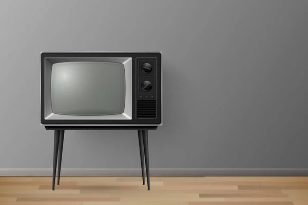 矢量3D现实复古电视接收机在木制台子上 家庭室内设计概念 木制地板上的老式电视机 — 图库矢量图片