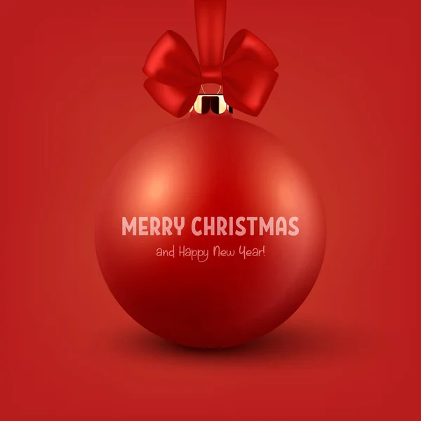 ベクトル現実的な赤の上に隔離された赤いシルクの弓の閉鎖と赤のクリスマスのガラスのボール Xmasのデザインテンプレートとモックアップのための新年の木のおもちゃの装飾ボール フロントビュー — ストックベクタ
