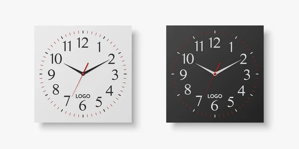 Vector Realistic White Black Square Wall Office Clock Set Design —  Vetores de Stock