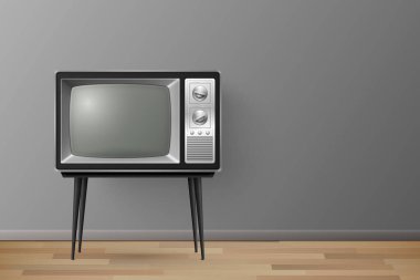 Vector 3d Gerçekçi Retro TV Alıcısı Tahta Masa standında. Ev Tasarımı Konsepti. Tahta Döşeme 'deki klasik TV seti. Televizyon, Ön Görünüm.