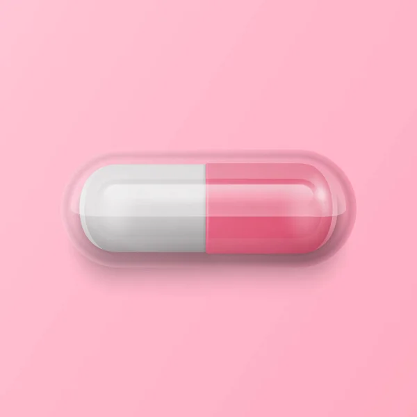 ベクトル3Dリアルなピンク医薬品薬薬薬丸薬 カプセル ピンクの背景にタブレット トップ フロントビュー フラット コピースペース 女性の健康の概念 — ストックベクタ