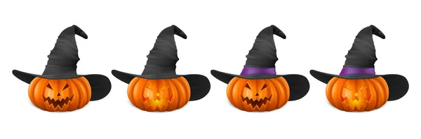 Cadı Şapkalı Vektör Cadılar Bayramı Kabağı Şirin Jack Fenerler Davetiyeler — Stok Vektör