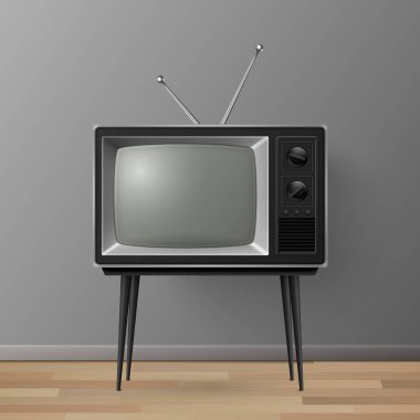 Vector 3d Gerçekçi Retro TV Alıcısı Tahta Masa standında. Ev Tasarımı Konsepti. Tahta Döşeme 'deki klasik TV seti. Televizyon, Ön Görünüm.