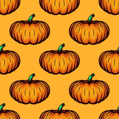 Vektör Sonbahar Renkli Turuncu Balkabağı Kusursuz Desen. Cadılar Bayramı Davetiyeleri, Kartlar, Yazdırmalar, Web, Hediyeler, Tekstil Şablonu .