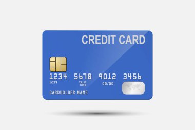 Vektör 3d Gerçekçi Mavi Kredi Kartı izole edildi. Plastik Kredi Tasarım Şablonu veya Mockup, Marka için Banka Kartı. Kredi kartı ödeme konsepti. Ön Görünüm.