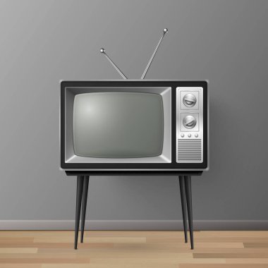 Vector 3d Gerçekçi Retro TV Alıcısı Tahta Masa standında. Ev Tasarımı Konsepti. Tahta Döşeme 'deki klasik TV seti. Televizyon, Ön Görünüm.