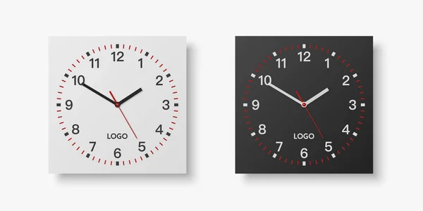 Vector Realistic White Black Square Wall Office Clock Set Design — Stok Vektör