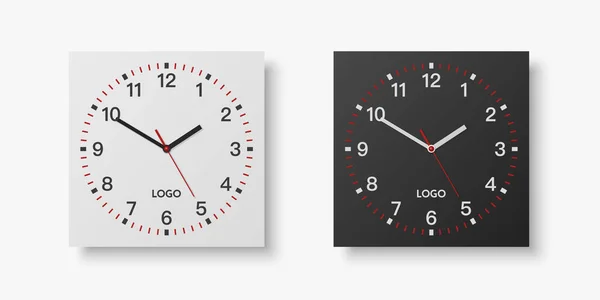 Vector Realistic White Black Square Wall Office Clock Set Design — Vetor de Stock