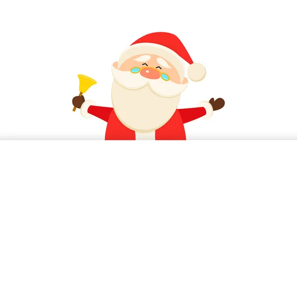 バナーの後ろから見えるベクトルかわいい面白い笑顔サンタクロース メリークリスマス ハッピーニューイヤーグリーティングカード — ストックベクタ
