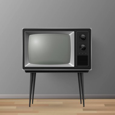Vector 3d Gerçekçi Retro TV Alıcısı Tahta Masa standında. Ev Tasarımı Konsepti. Tahta Döşeme 'deki klasik TV seti. Televizyon, Ön Görünüm.