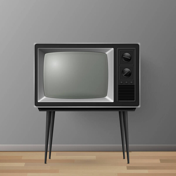 Vector 3d Realistic Retro TV Receiver on a Wooden Table Stand. Home Interior Design Concept. Vintage TV Set on the Wooden Floor. Television, Front View.