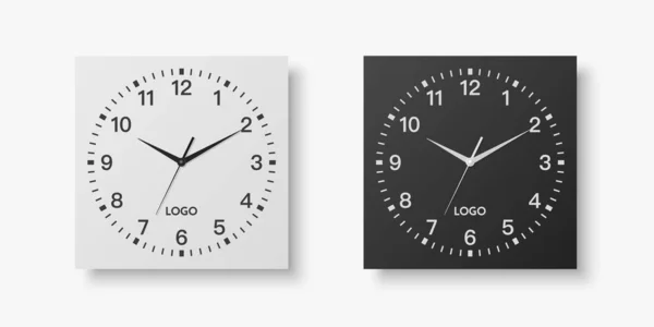 Vector Realistic White Black Square Wall Office Clock Set Design — Wektor stockowy