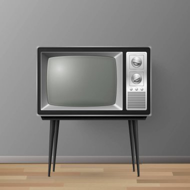 Vector 3d Gerçekçi Retro TV Alıcısı Tahta Masa standında. Ev Tasarımı Konsepti. Tahta Döşeme 'deki klasik TV seti. Televizyon, Ön Görünüm.