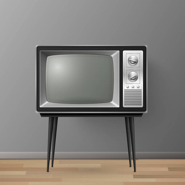 Vector 3d Realistic Retro TV Receiver on a Wooden Table Stand. Home Interior Design Concept. Vintage TV Set on the Wooden Floor. Television, Front View.