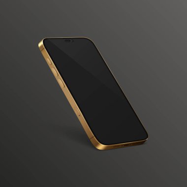 Siyah Ekranlı Vektör 3d Gerçekçi Sarı Modern Akıllı Telefon Tasarım Şablonu. Cep telefonu izole edildi. Telefon Aygıtı UI UX, Telefon Yarım Dönüşlü Görünüm.