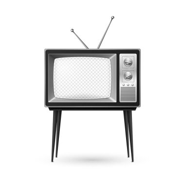 Beyaz Arkaplanda Şeffaf Ekran ve Anten İzole edilmiş Vektör 3d Gerçekçi Retro TV Alıcısı. Ev Tasarımı Konsepti. Klasik TV Seti, Televizyon, Ön Görünüm.