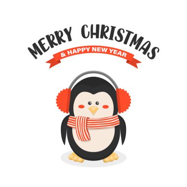 Vektör Şirin ve Komik Noel Pengueni, kulaklıklı ve çizgili eşarplı. Karikatür Noel Tasarım Şablonu 2023 Kartı, Noel Posteri, Etiket, Tişört Yazdırma, Çocuk Tasarımı.