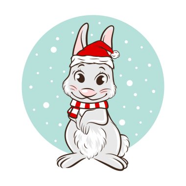Vektör Şirin Komik Tavşan, Noel Baba Şapkalı Tavşan ve Atkı, Çizgi Sanatı. Tavşan Simgesi, Doğu Çin Yeni Yıl Şablonu 2023 Kartı, Noel Posteri, Etiket, Tişört Yazısı, Çocuk Tasarımı.