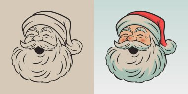 Şirin, komik, gülümseyen Noel Baba ikonu. Tatil için tasarım şablonu Mutlu Noeller ve mutlu yıllar tebrik kartları, çıkartmalar, afişler.