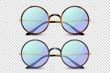 Vektör 3d Gerçekçi Leopar, Mavi Gözlüklü Siyah Yuvarlak Çerçeve Gözlükleri, Mor Şeffaf Gözlüklü, Kadın ve Erkekler Gözlüklü, Aksesuar. Optik, Lens, Vintage, Moda Gözlüğü. Ön Görünüm.
