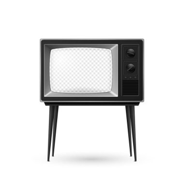 Beyaz Arkaplanda Şeffaf Ekran İzole Edilmiş 3d Gerçekçi Retro TV Alıcısı. Ev Tasarımı Konsepti. Klasik TV Seti, Televizyon, Ön Görünüm.