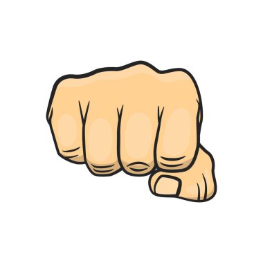 Vektör Karikatür İleri Yumruk, Güç, Vuruş, Devrim, Haklar ve Ayrımcılığa Karşı Mücadele Sembolü. Retro Vintage Çizgi Roman Sanatı Stili Kapalı Kapalı Kapalı Yumruk. Ön Görünüm.