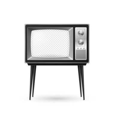 Beyaz Arkaplanda Şeffaf Ekran İzole Edilmiş 3d Gerçekçi Retro TV Alıcısı. Ev Tasarımı Konsepti. Klasik TV Seti, Televizyon, Ön Görünüm.