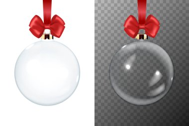 Vektör Gerçekçi 3d Şeffaf, Parlak Cam Top Simgesi, Model Kapatma İzole edildi. Xmas Tasarım Şablonu ve Kırmızı İpek Mockup ile Yeni Yıl Ağaç Oyuncak Balosu. Ön Görünüm.