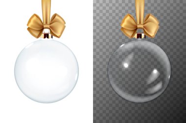 Vektör Gerçekçi 3d Şeffaf, Parlak Cam Top Simgesi, Model Kapatma İzole edildi. Xmas Tasarım Şablonu ve Yeni Yıl Ağaç Oyuncak Balosu. Mockup için Altın İpek Fiyonk. Ön Görünüm.