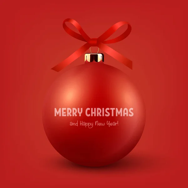 ベクトル現実的な赤の上に隔離された赤いシルクの弓の閉鎖と赤のクリスマスのガラスのボール Xmasのデザインテンプレートとモックアップのための新年の木のおもちゃの装飾ボール フロントビュー — ストックベクタ