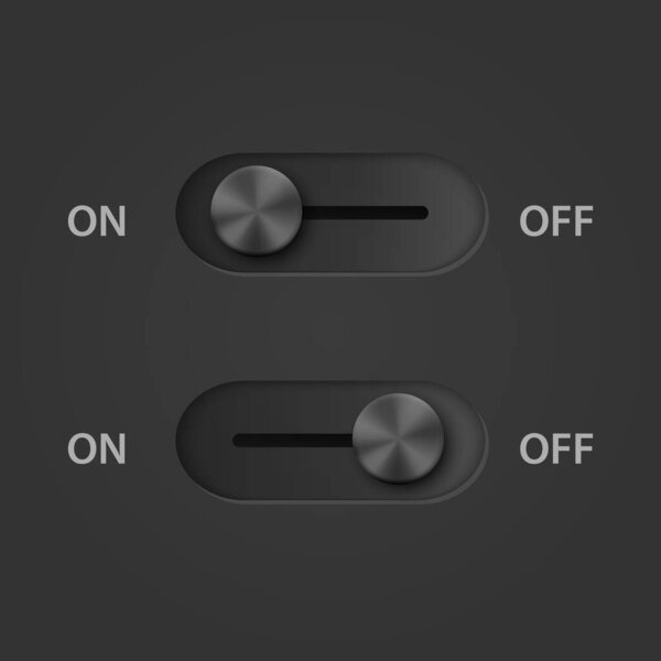 Vector 3d Black Realistic On Off Switch Buttons Closeup. Player Buttons Choice Concept. Yes or No , Plus or Minus.