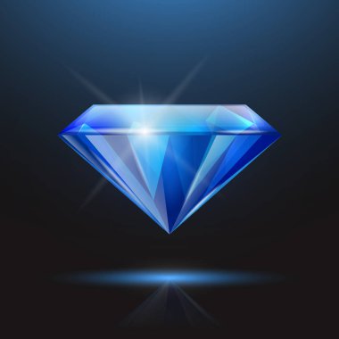 Vektör 3d Gerçekçi Mavi Şeffaf Üçgen Parlayan Gemstone, Elmas, Kristal, Yapay Elmas Kapanışı Siyah Arkaplan. Mücevher konsepti. Tasarım Şablonu, Banner.