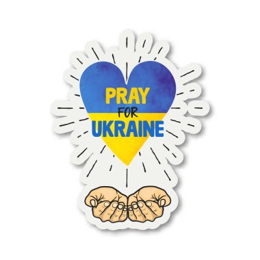 Ukrayna için dua et. Savaş Karşıtı Çağrı, Sembol, Eller ileri. Ukrayna Bayrak Renkleri, Kağıt Etiketi. Ukrayna 'yı Mücadele, Protesto ve Destekleme, Slogan. Vektör İllüstrasyonu.