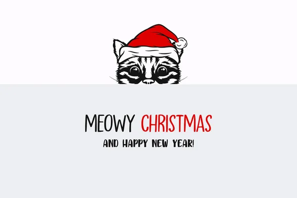 ベクトルかわいい面白い隠されたのぞき見子猫 サンタの帽子とキティ ラインアート 新年のためのバナーデザインテンプレートと子猫2023グリーティングカード クリスマスポスター 子供のデザイン — ストックベクタ