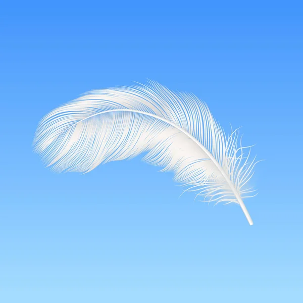 青い空の背景に白いふわふわの羽を閉じるベクトル3D現実的な落下 天使のデザインテンプレート 鳥の詳細な羽 軽さと自由の概念 — ストックベクタ