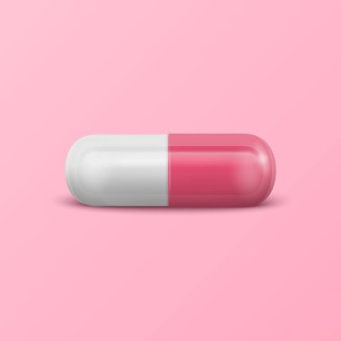 Vektör 3d Gerçekçi Pembe ve Beyaz Tıbbi İlaç, Kapsül, Pembe Arkaplan Tableti. Ön Manzara. Uzayı kopyala Tıp, Kadın Sağlığı Konsepti.