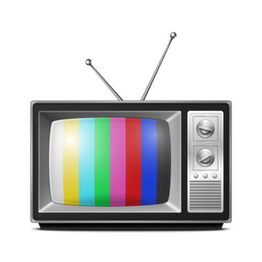 Vektör 3d Gerçekçi Retro Çizgili Ekran TV Alıcısı Beyaz Arkaplanda izole edildi. Ev Tasarımı Konsepti. Klasik TV Seti, Televizyon, Ön Görünüm.