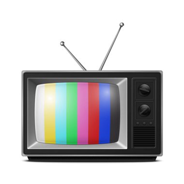 Vektör 3d Gerçekçi Retro Çizgili Ekran TV Alıcısı Beyaz Arkaplanda izole edildi. Ev Tasarımı Konsepti. Klasik TV Seti, Televizyon, Ön Görünüm.