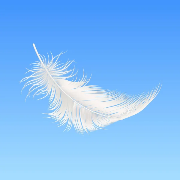 Vector Realistic Falling White Fluffy Feather Nahaufnahme Auf Blauem Himmel — Stockvektor