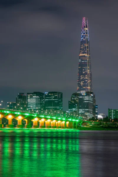Night View Jamsil Bridge Lotte World Tower Skyscraper Han River — Stock Photo, Image