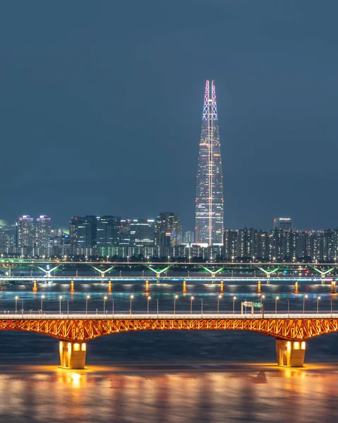 Panoramic Night View Lotte World Tower Skyscraper Han River Seoul — Foto Stock