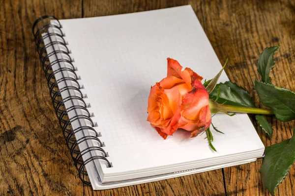Notebook and rose flowers on a wooden surface — Stock Photo, Image