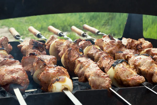 Marinated Shashlik Preparing Barbecue Grill Charcoal Selective Focus Shashlyk Skewered — Stock Photo, Image