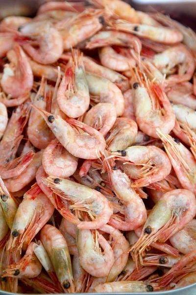 Pink Fresh Frozen Shrimps Ice Supermarket Fish Shop Uncooked Seafood — Stock Photo, Image