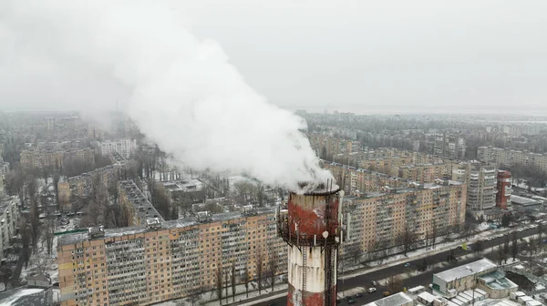 Filmed Drone Bird Eye View Thick Smoke Comes Industrial Chimney — Stock Photo, Image
